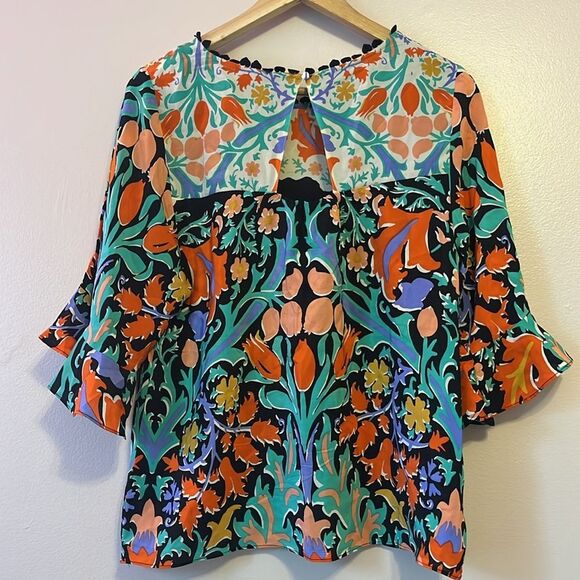 Maeve Anthropologie Folkart Kimono Top Silk Ruffle Floral Fairy Boho Chic Sz 2 - Picture 6 of 11